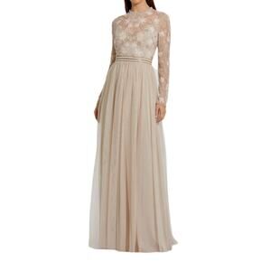 Mac Duggal Embellished Illusion High Neck Long Sleeve Gown Vanilla Women’s Sz 20